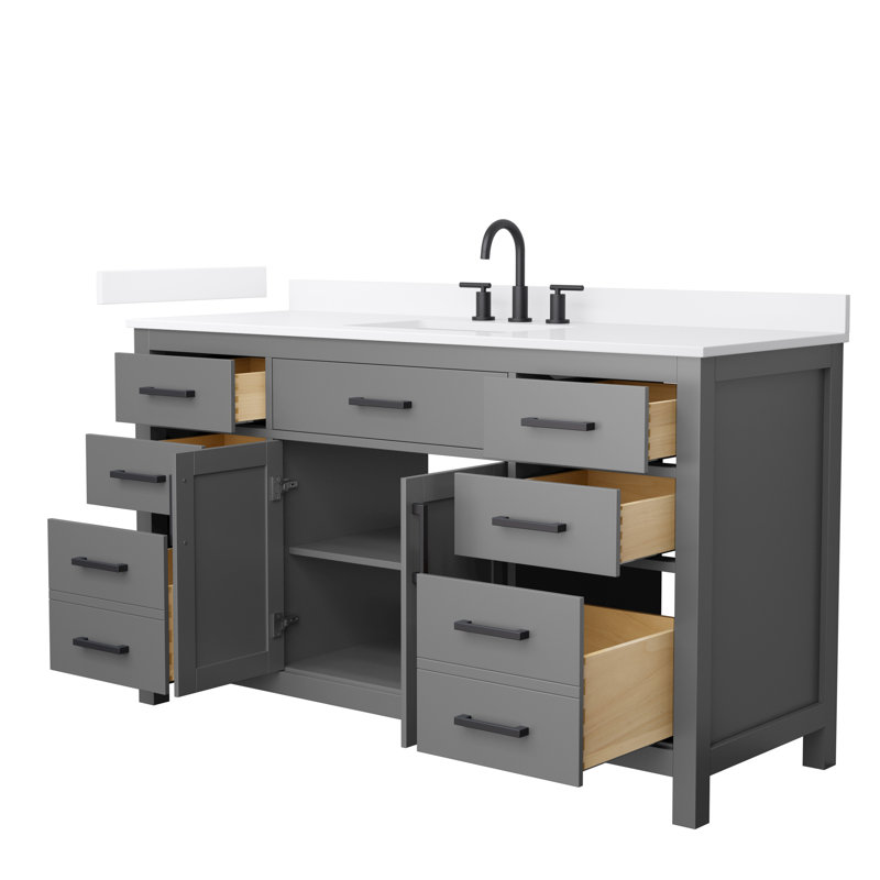 Meuble-lavabo simple autoportant de 60 po avec plateau en quartz Beckett, Gris foncé, Noir mat, Quartz blanc