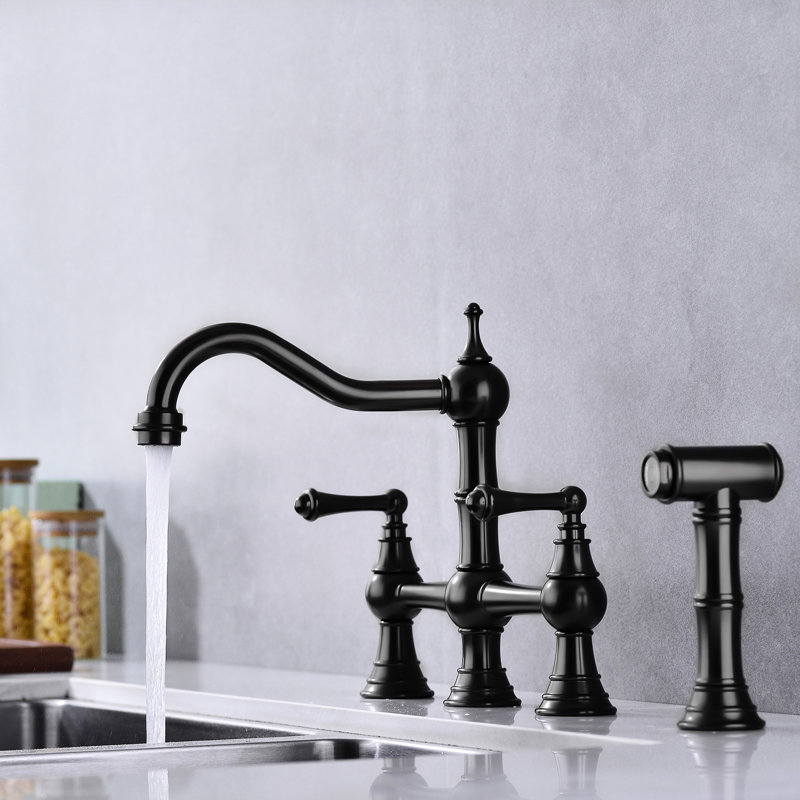 Bridge Dual Handles Kitchen Faucet In Matte Black With Pull-Out Side Spray, 360 Degree Rotatable High Soaking Up, Rust, Corrosion , Leak Proof, Brass Created Outlet, Crafted