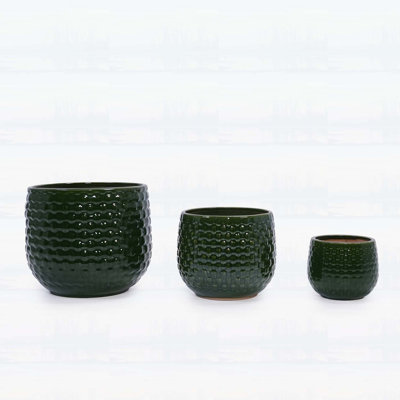 Ensemble de pots à fleurs en céramique émaillée faits à la main, 3 tailles, finition vert foncé, pour une utilisation intérieure et extérieure avec trous de drainage
