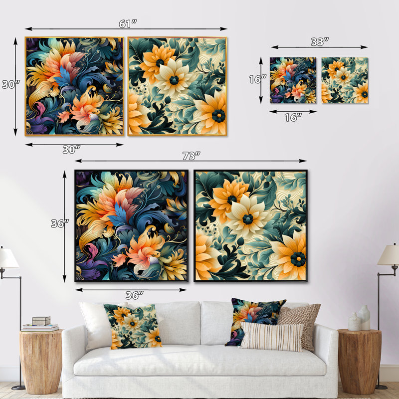Janna - Ensemble de 2 collages carrés botaniques abstraits, H 36 po x l 73 po, Toile tendue