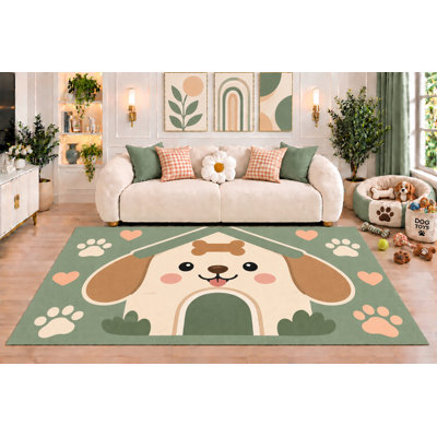 Tapis « Ultra Fin » 152 x 213 cm, motif de niche pour chien vert sauge, empreintes de pattes de chiot et cœurs, idéal pour la chambre d'enfant ou la salle de jeux. Dos en silicone antidérapant.