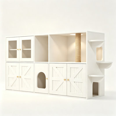 Stylish Pet Cat Cabinet with LED Lighting & Customizable Storage Space,White