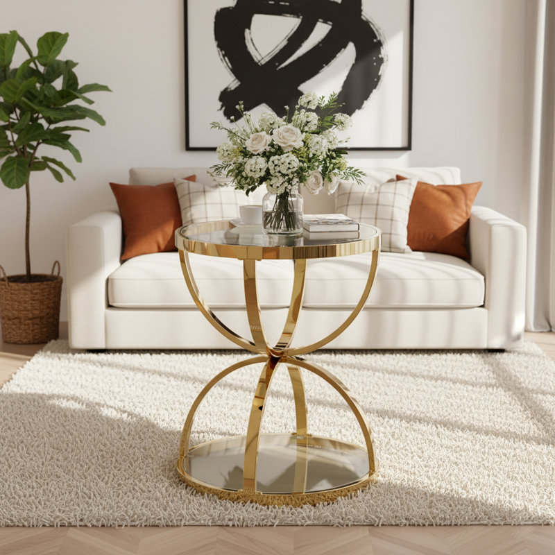 Table d'appoint moderne en verre à structure en anneau à 2 niveaux pour salon, chambre à coucher et bureau, Transparent, Doré