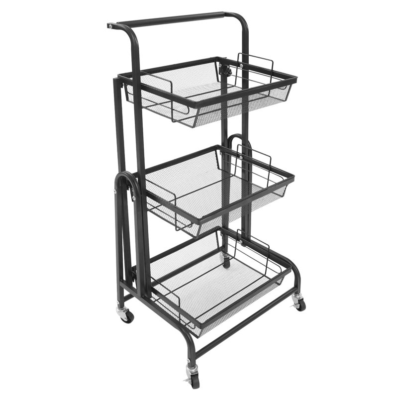3-Tier Adjustable Metal Rolling Utility Cart with Wheels, Black