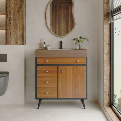 Mid-Century Modern Free-Standing Bathroom Vanity with Ceramic Sink &  Sintered Stone Top