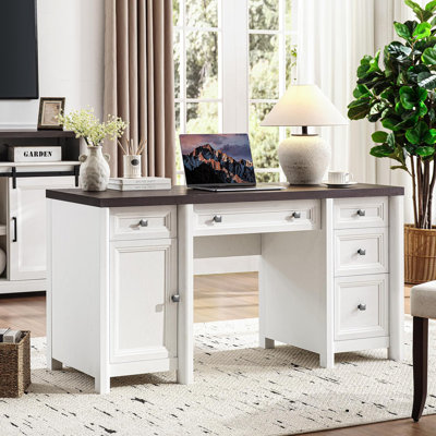 58” White Home Office Desk with Drawers & Shelf
