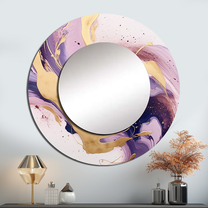 Mauve et or Strokes I - miroir de fractales, miroir mural décoratif rond moderne, impression d'art en métal, 23 po x 23 po