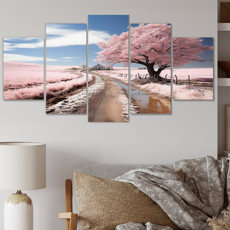 Rose, campagne tranquille, tranquillité I - Paysages, art mural, salon - 5 panneaux