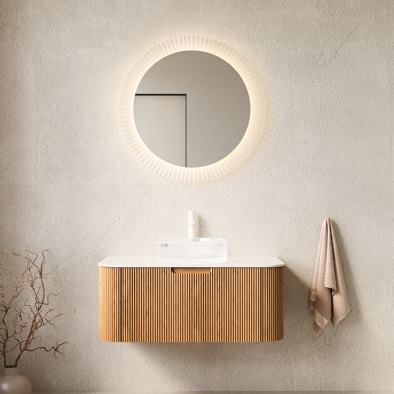 Meuble-lavabo de salle de bain 36 po avec lavabo en cristal transparent de couleur naturelle, lavabo rond à fermeture en douceur, tiroir, système, grand espace de rangement