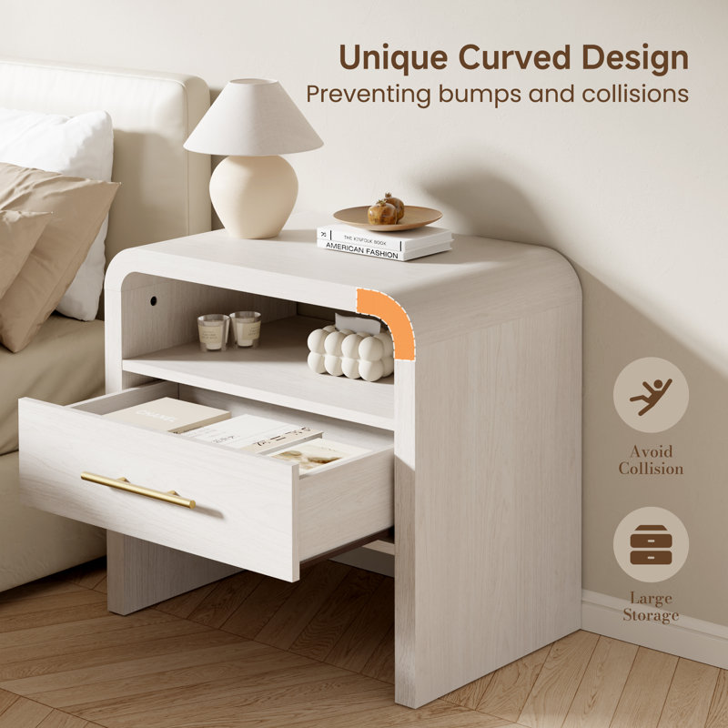  Ovellette 23.7"W Curved Nightstands Set of 2 with Charging Station, Drawer and Open Shelf, White, 2