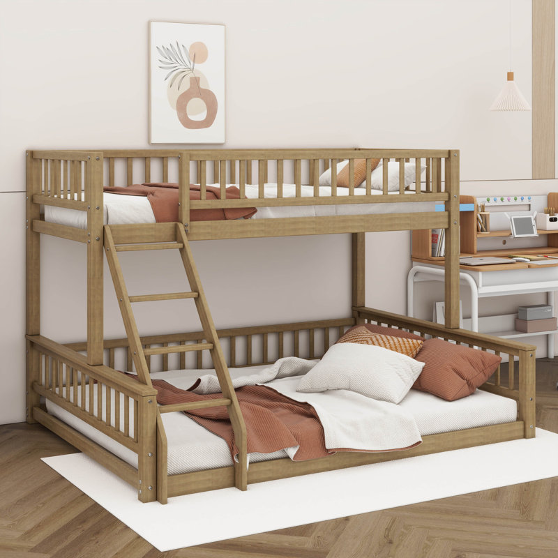 Twin XL Over Queen Bunk Bed With Ladder And Guardrails, Walnut