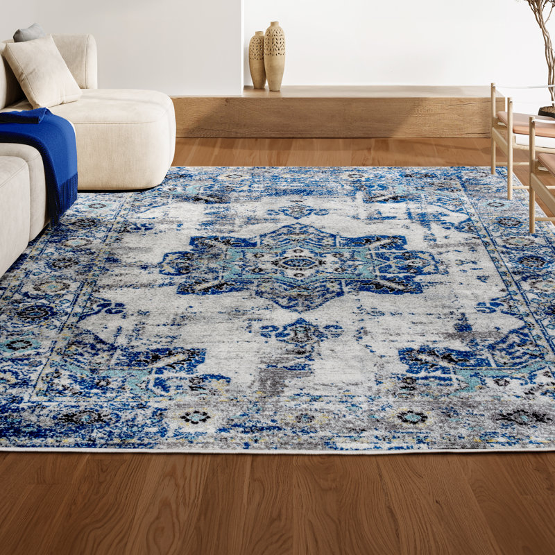 Tapis ivoire / bleu Lathem, Rectangle 5 pi 3 po x 7 pi 7 po
