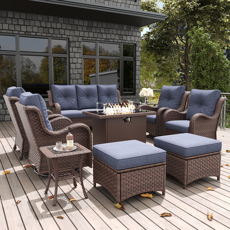 LayinSun 10 Pieces Outdoor Patio Furniture Set With 44'' Propane Fire Pit Table, Navy, Brown