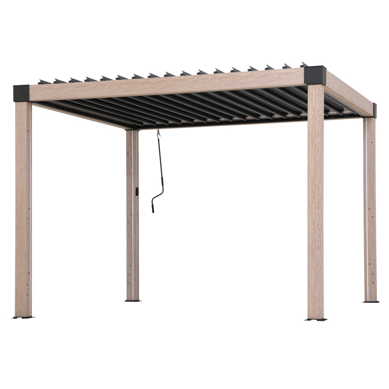 Sunjoy 3m x 4m Electric Louvered Pergola with Solar LED Lights, Remote Weatherproof Adjustable Rainproof Aluminum Hardtop Gazebo, with Drainage System, Water and UV Proof