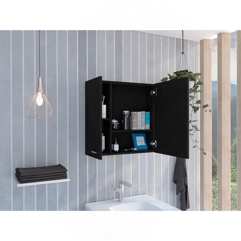 Kenya Medicine Cabinet, Mirror, Double Door, Four Interior Shelves, Black