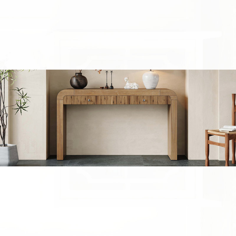 Console rustique avec façade de tiroir cannelée, coins courbés et pieds épais - Naturel