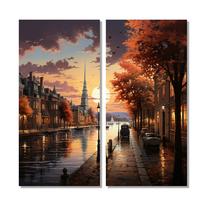 Étang à Boston souvenirs - art mural orange sur toile 2 panneaux, H 32 po x l 32 po, Toile tendue, Ne s’applique pas