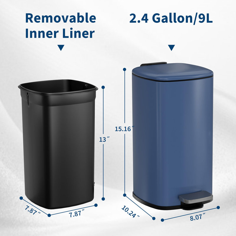 Poubelle Step, 2,4 gallons / 9L, poubelle de cuisine en acier inoxydable - Couvercle à fermeture en douceur - Seau intérieur amovible - Poubelle de salle de bain / bureau compacte - pour salle de bain / bureau, bleu