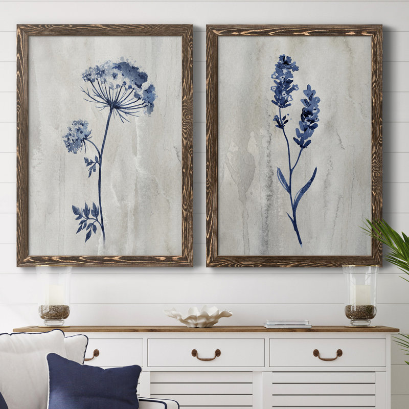 «Indigo Botanical I», ensemble de 2 reproductions d'impressions, Toile encadrée, H 37,5 po x l 27,5 po x P 1 po, Noyer