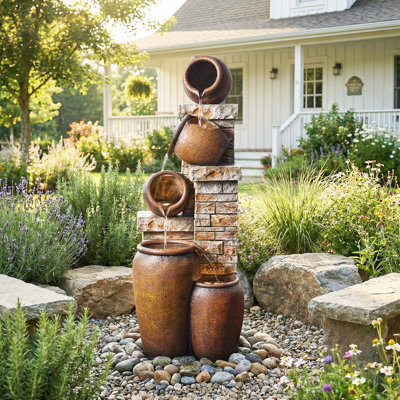 Rustic Stacked Pots Outdoor Fountain With LED Light – Stone And Jar Cascading Water Feature For Garden Or Patio