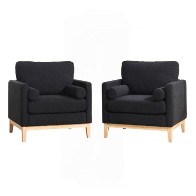 Fauteuil d'appoint de style campagne moderne de 35,4 po de largeur avec pieds en bois naturel, fauteuil de lecture à base de bois, canapé simple avec deux traversins pour les bureaux et les salons, Boucle noire.