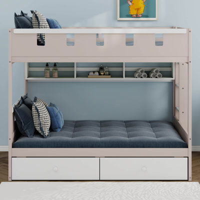 Lit superposé de style château avec 2 tiroirs, tablette et lumières DEL, lit superposé en bois avec tour et rangement intégré