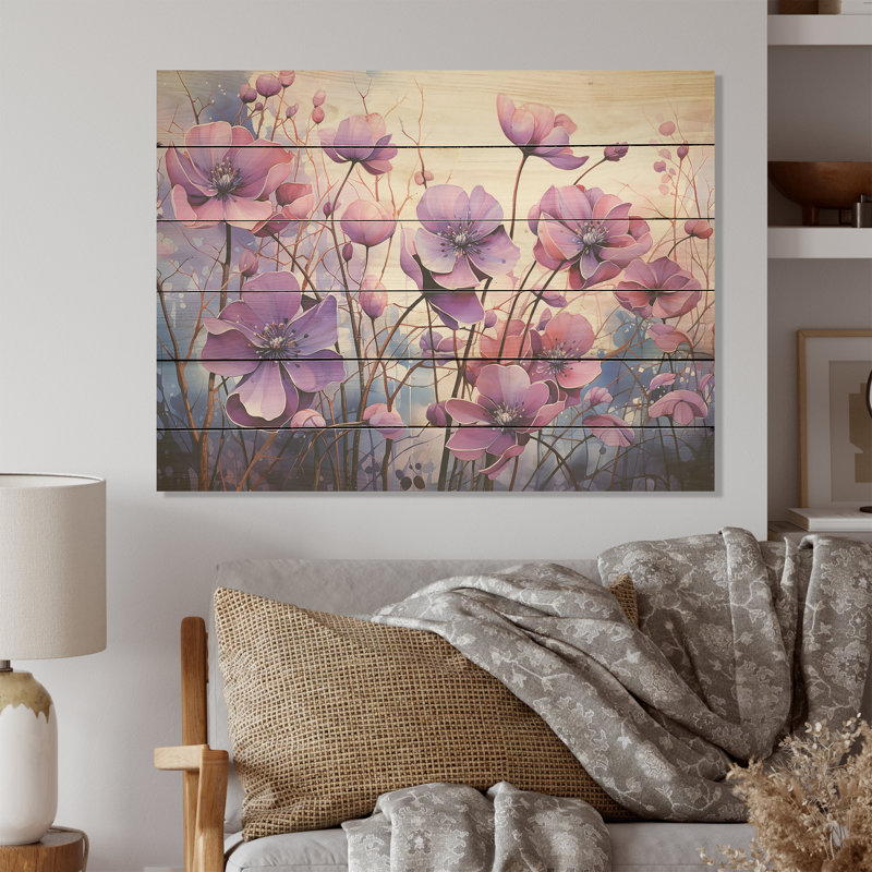 «Sureal Enchantment - Violets», art mural sur bois de pin naturel, H 30 po x l 40 po