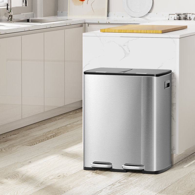 KSSKSS Poubelle double avec couvercle, poubelle de cuisine en acier inoxydable, poubelle à double compartiment 2 x 8 gallons avec 2 seaux intérieurs en plastique (argent)