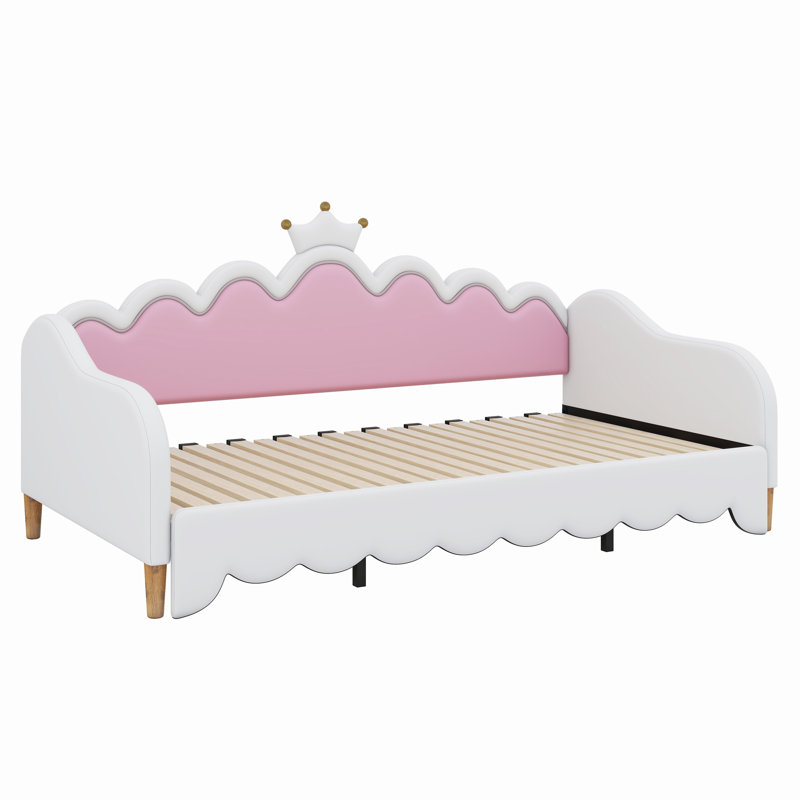 Upholstered Princess Daybed With LED Lights And Crown Headboard, White/Pink