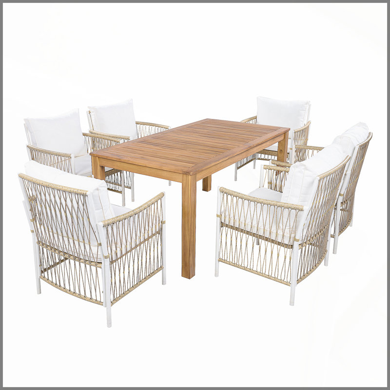 Ensemble de table de salle à manger 7 pièces en bois pour patio, table rectangulaire d'extérieur de L 67 po avec 6 chaises en rotin pour bord de piscine, cour, jardin, naturel