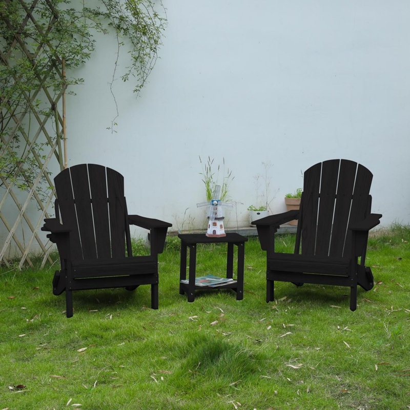 Folding Adirondack Chair with Side Table, 3-Piece Adirondack Chair Set with Wood Texture, Black
