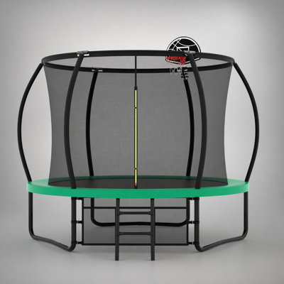 Trampoline citrouille 10 pi avec panier de basketball, filet d'enclos et échelle pour un jeu extérieur sécuritaire et amusant