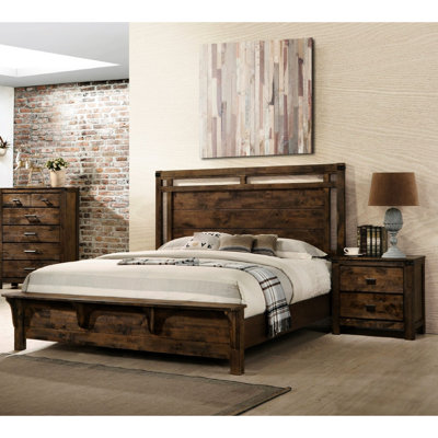1Pc Rustic Industrial Style Brown Finish Queen Size Panel Bed W Built In Bench Footboard Solid Wood Wooden Bedroom Furniture