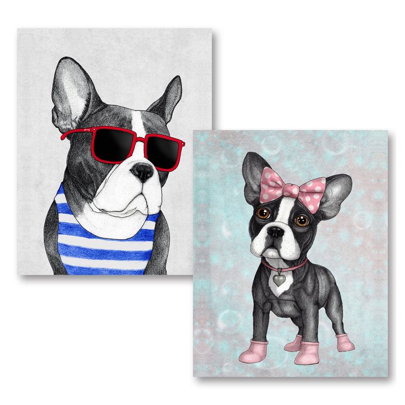 «Frenchie Summer Style and Sweet Frenchie», ensemble de 2 reproductions d'impressions, H 14 po x l 11 po x P 0,75 po