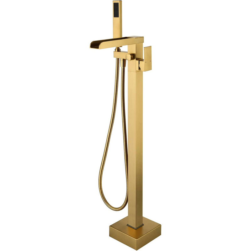 Brushed Gold Bathroom Faucet - Floor Mount Tub Filler With Waterfall Spout And User- Hand Shower Design Reliable