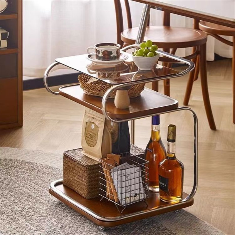 3-Layer Sofa Small Side Table, Wooden Bedside Table Snack Side Table With Storage Rack, Household Side Table Trolley With Wheels Living Room Antique Sofa Coffee Table Corner Table