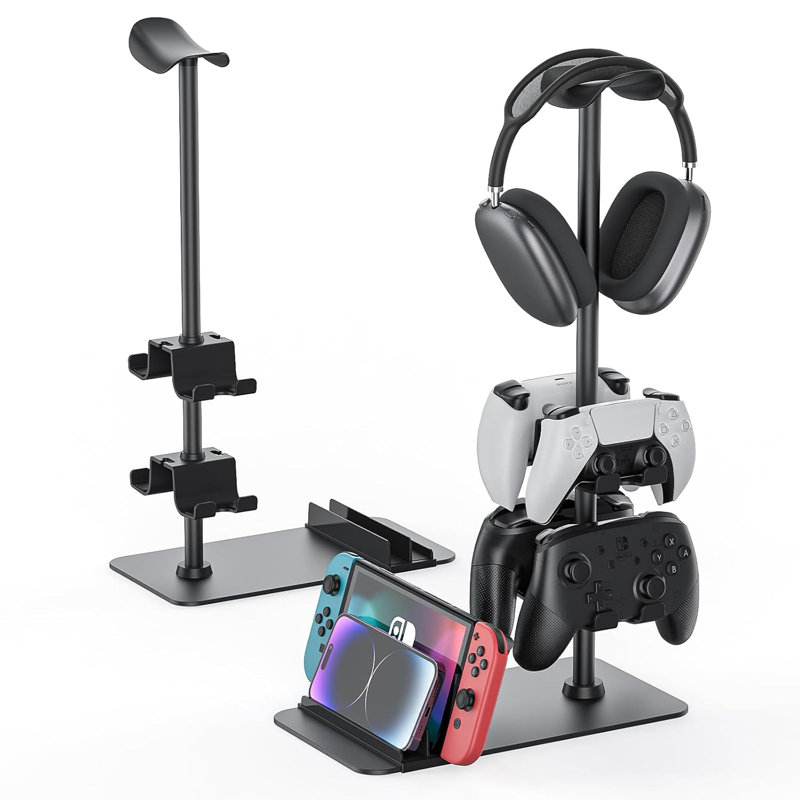 Headset Stand Controller Holder For 1 Headset And 4 Controller, Headphone Game Controller Stand For Desk, Gamer Gifts, Black