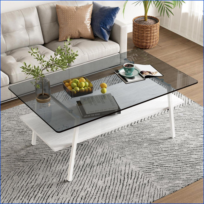 Table basse élégante en verre gris et métal blanc, facile à nettoyer, stabilité de 220 lb pour le salon, Gris / Blanc