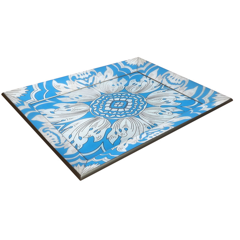Reverse Painted Mirror Accent Coffee Table Tray, Blue/Silver, 1.2" H x 5.9" W x 15.7" D