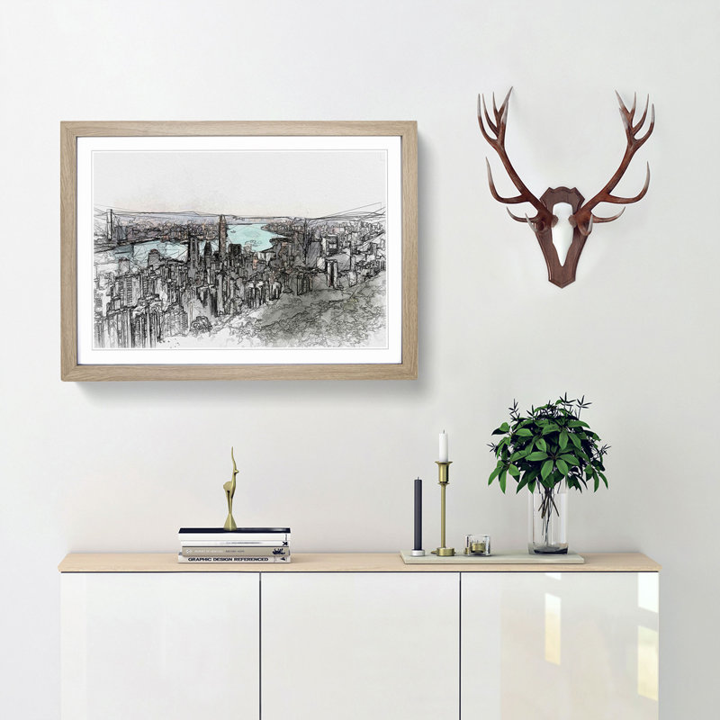 Hong Kong Skyline in Abstract - Picture Frame Graphic Art Print, 27cm H x 36cm W x 2cm D, Oak Framed
