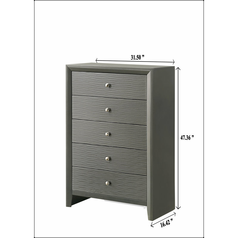 Commode contemporaine à 5 tiroirs avec boutons ronds et finition gris acier pour les chambres et les salons modernes