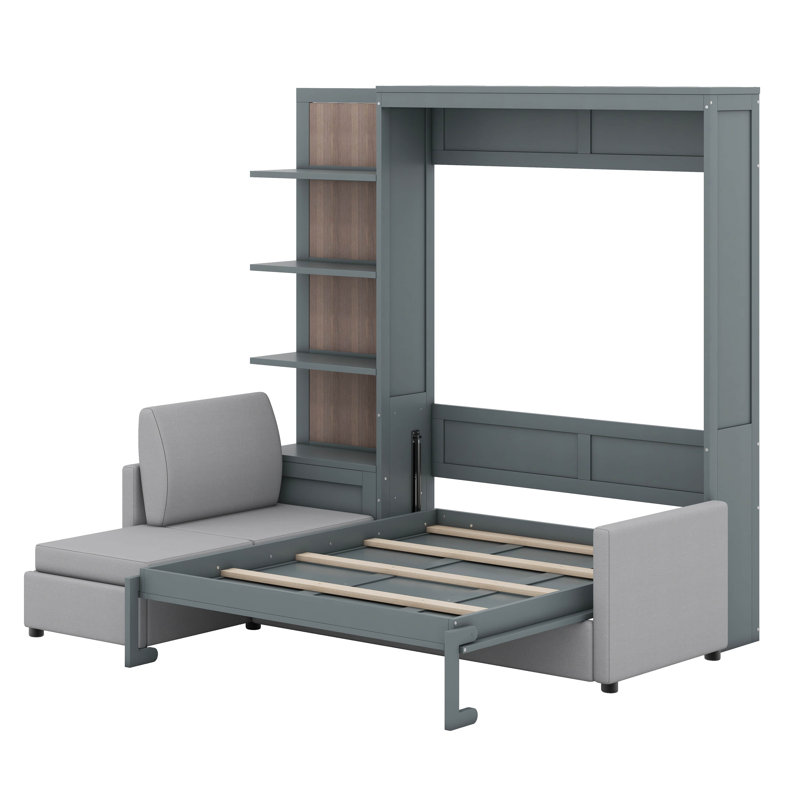 Grand lit escamotable avec canapé à trois places en L et tablettes de rangement, gris