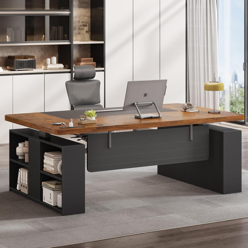 Bureau de direction de 63 po avec rangement, bureau de direction réglable en hauteur avec prises de courant, Brun / Noir