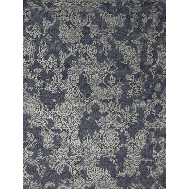 Paradise Hand Knotted Damask Area Rug, Rectangle 8' x 10', Blue/Gray