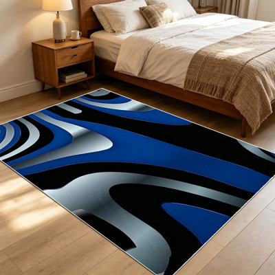 1PC Modern Abstract Wavy Blue Black Silver Geometric Art Area rugs for Living Room, Soft and Comfortable, Suitable for all seasons, easy-to-maintain, machine washable Indoor floor mat, Under Table Farmhouse suitable for dining area, bedroom, home
