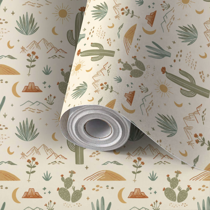 Papier peint auto-adhésif à motif de montagnes de cactus Boho Desert, 117.6" L x 17.5" W