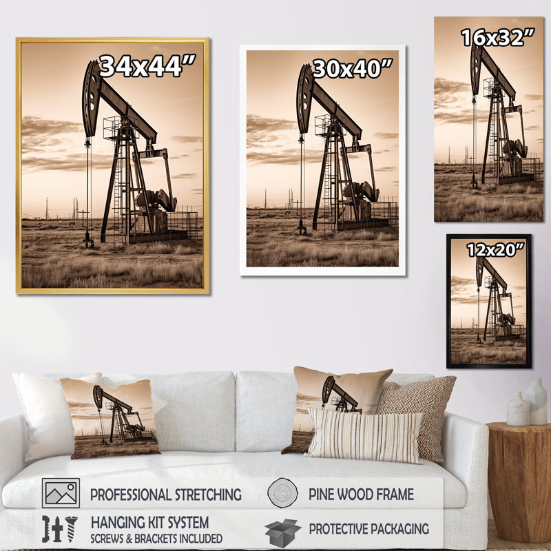 «Sepia Oil Drilling Rig Fields Horizon», reproduction sur toile, Cadre simple noir, H 20 po x l 12 po x P 1 po
