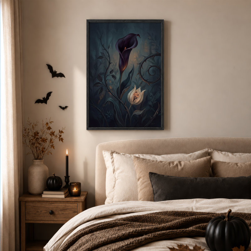 Lys calla violet foncé et vignes épineuses dans une toile murale d'Halloween sombre, 48"H x 36"W
