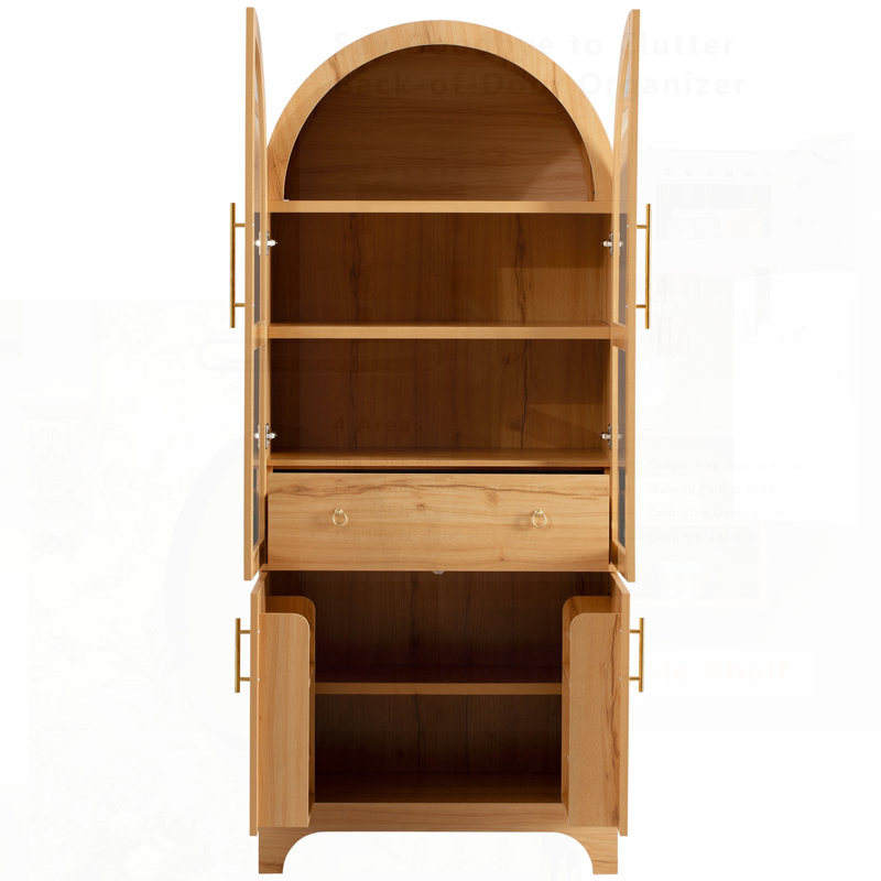 Grand garde-manger arqué avec tablettes réglables, tiroir caché et porte vitrée, Naturel