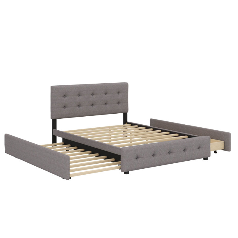 Grand lit plateforme tapissier avec deux tiroirs et un lit gigogne escamotable, Gris clair